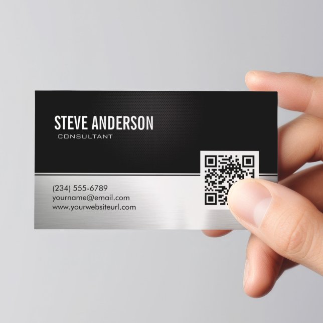 Professionell Modern Black Silver Metallic QR-kod Visitkort (Skapare uppladdad)