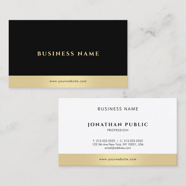 Professionell Modern Elegant Svart Vit Guld Visitkort (Fram/baksida)