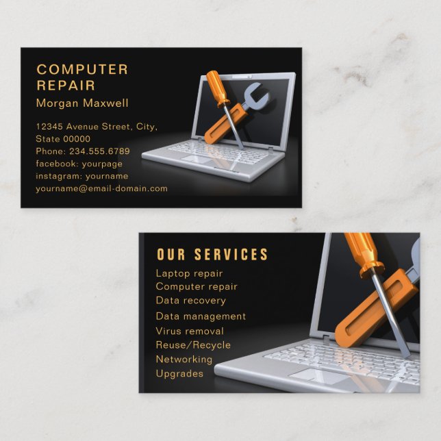 Professionell Modern Enkel Datorreparation Visitkort (Fram/baksida)