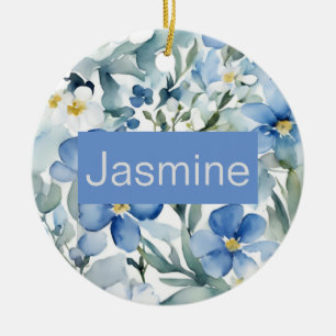 Professionell Modern Minimalist Blue Blommigt Namn Julgransprydnad Keramik