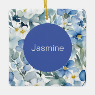 Professionell Modern Minimalist Blue Blommigt Namn Julgransprydnad Keramik