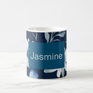 Professionell Modern Minimalist Blue Blommigt Namn Kaffemugg