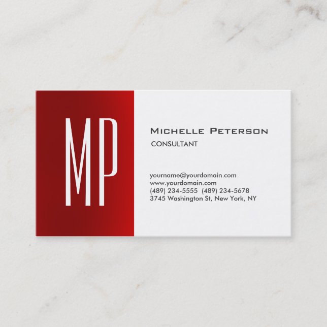 Professionell Modern Plain Red White Monogram Visitkort (Framsida)