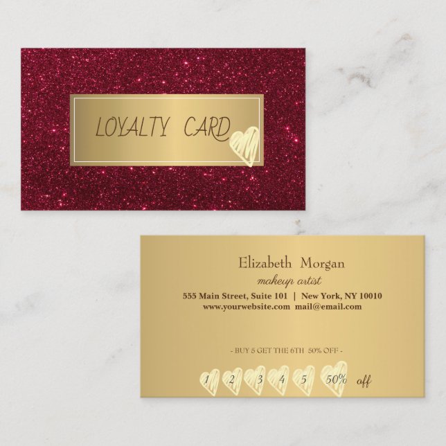 Professionell Modern Röd Glitter, Ram, Guld Hjärta Lojalitetskort (Fram/baksida)