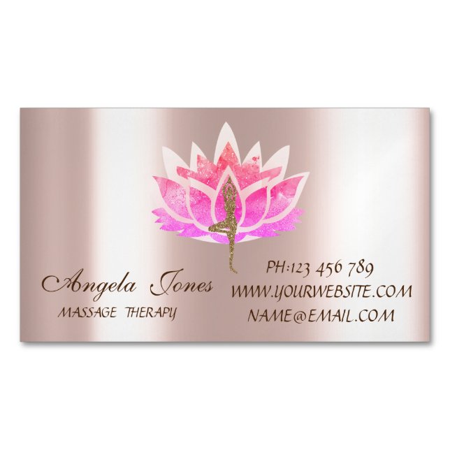 Professionell Modern Rosa Lotusblomma Yoga Flicka Magnetiska Visitkort (Framsida)