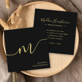 Professionell Modern Script Black Guld Monogram Fyrkantigt Visitkort