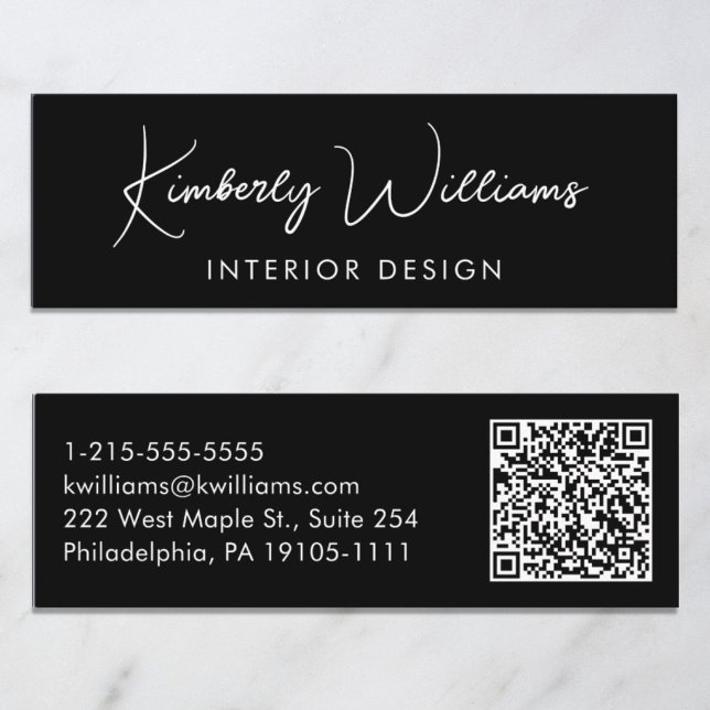 Professionell Modern skript QR Code Black Mini Visitkort (Capture attention, make connections, and leave a lasting impression with our mini QR business card)