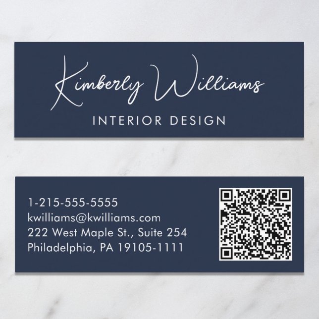 Professionell Modern skript QR-kodblått Mini Visitkort (Skapare uppladdad)