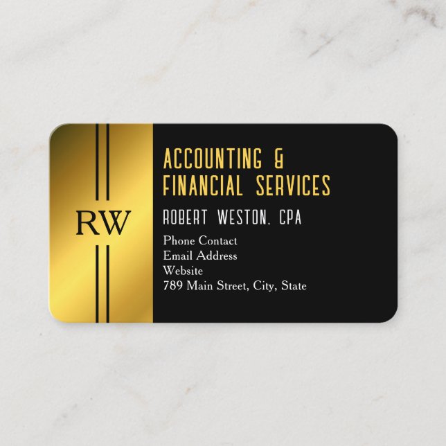 Professionell monogram svart och guld skatterådgiv visitkort (Framsida)