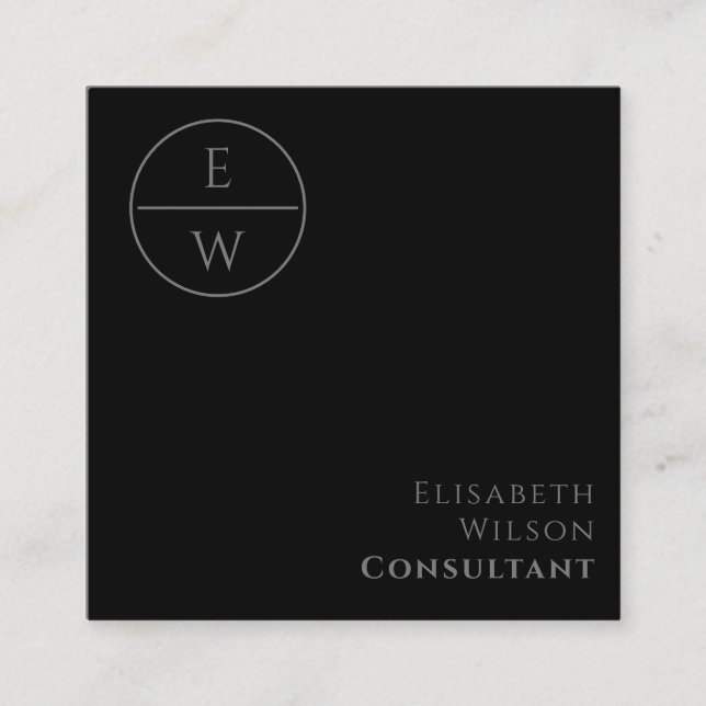 Professionell monogramfärgsminimalistisk svart fyrkantigt visitkort (Framsida)