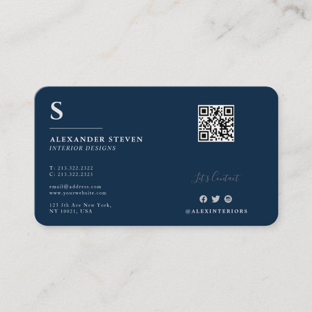 Professionell Monogrammed QR Planin Navy Blue Visitkort (Framsida)