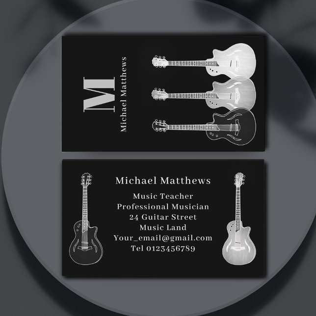 Professionell Musician Guitar Music Lärare Visitkort (Music teacher professional musician black and white guitar business card)