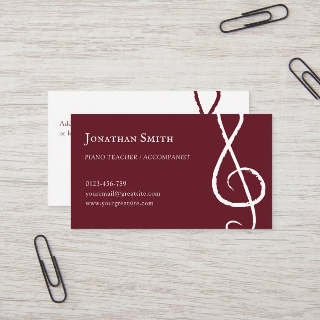 Professionell Musician Treble Clef Modern Burgundy Visitkort (Fram/Back In Situ)
