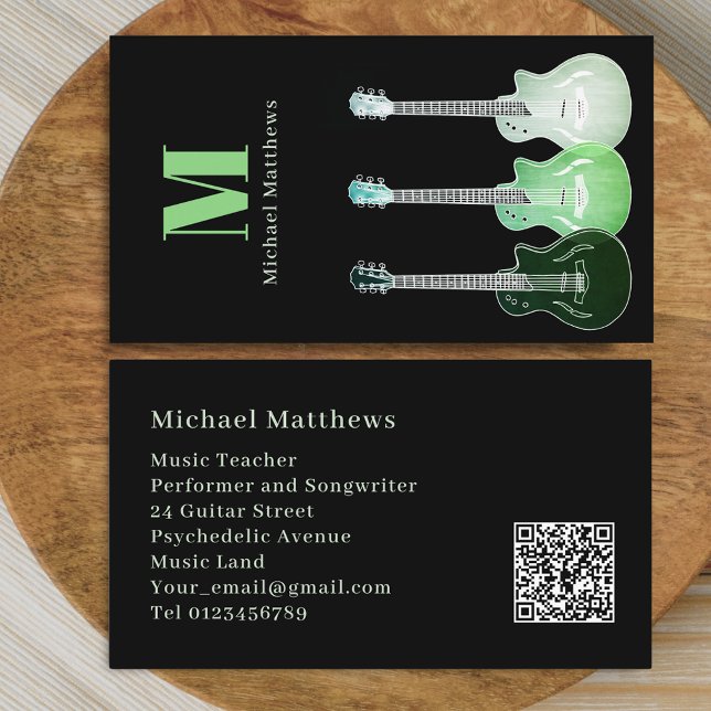 Professionell Musiker Gitarr Musiklärare QR-kod Visitkort (Modern Stylish Guitar music Teacher Custom qr code Business Card)