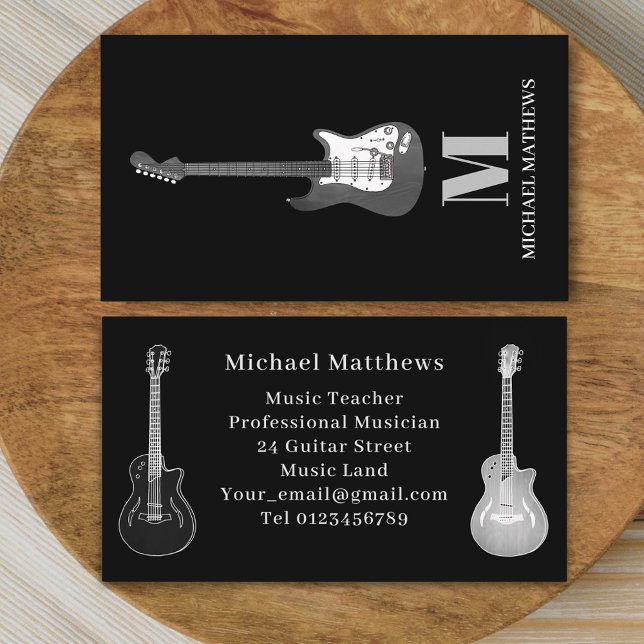 Professionell Musiker Gitarr Musiklärare Visitkort (Modern Guitar music tutor professional musician black gray Business card simple minimalist design)