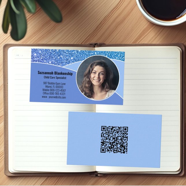 Professionell Nanny Anpassningsbar Photo Blue QR-k Visitkort (Template photo and QR code business card front and back)