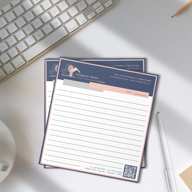 Professionell Navy Blue Ro Guld House Logotyp Läng Anteckningsblock (Professional Navy Blue Rose Gold House Logo Lined Notepad)
