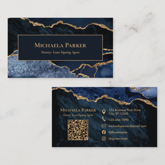 Professionell Notarius Publicus Marinblå Guld QR-k Visitkort (Fram/baksida)