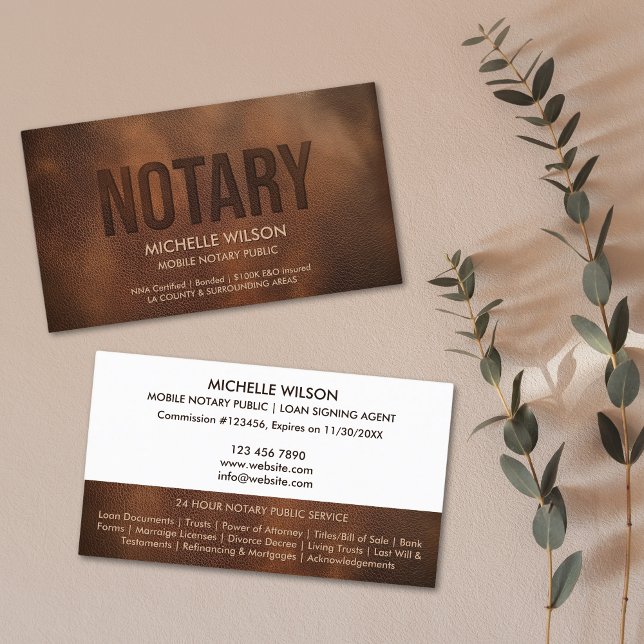Professionell Notary Public Loan Signing Agent Visitkort (brown  leather with embossed "notary" text business card)