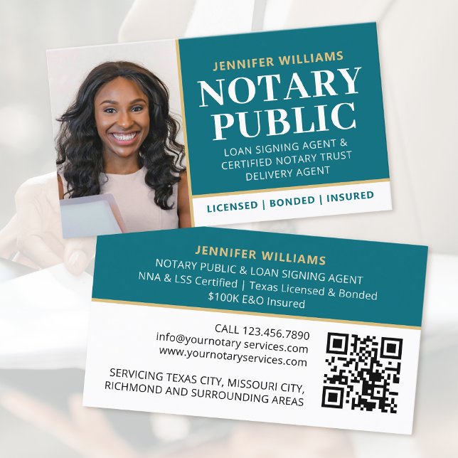 Professionell Notary Public Photo QR Code Teal Visitkort (Skapare uppladdad)