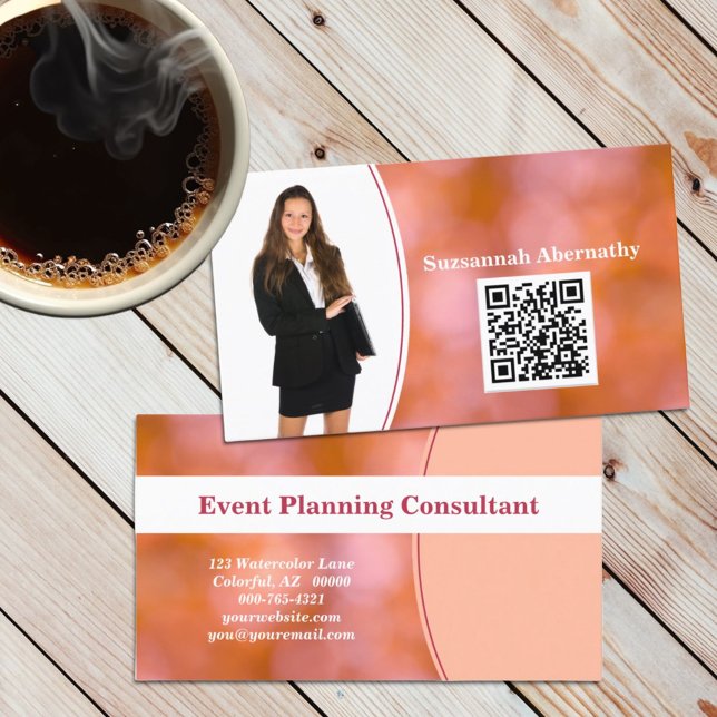 Professionell Orange bokeh Oskärpa Anpassningsbar  Visitkort (business card template front photo and QR code )