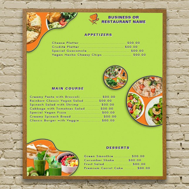 Professionell Orange Lila Grönt Vegan Food Menu Poster (Available for INSTANT DIGITAL DOWNLOAD also.)