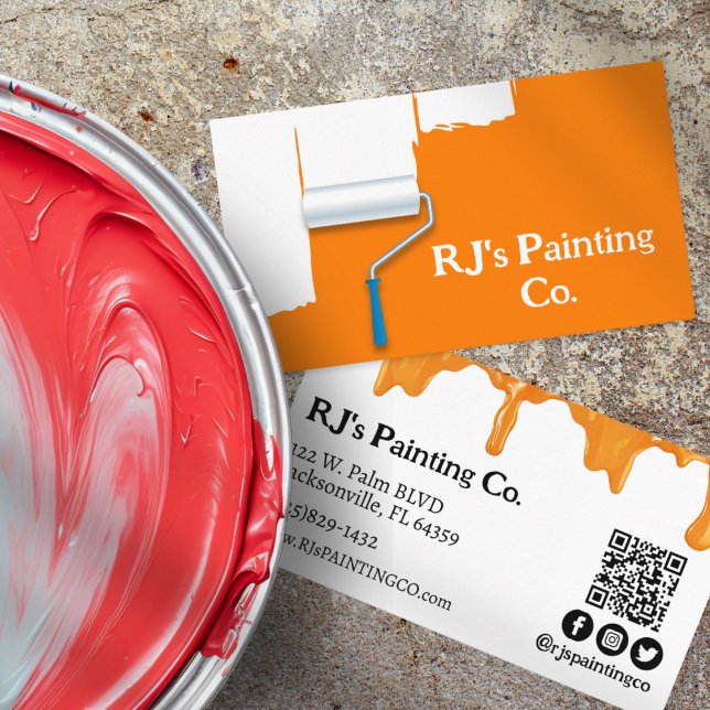 Professionell Painter för orange- och vitfärgsdriv Visitkort (Professional Painter Business Cards White with Orange Paint Drips, Paint Roller, and QR Code)