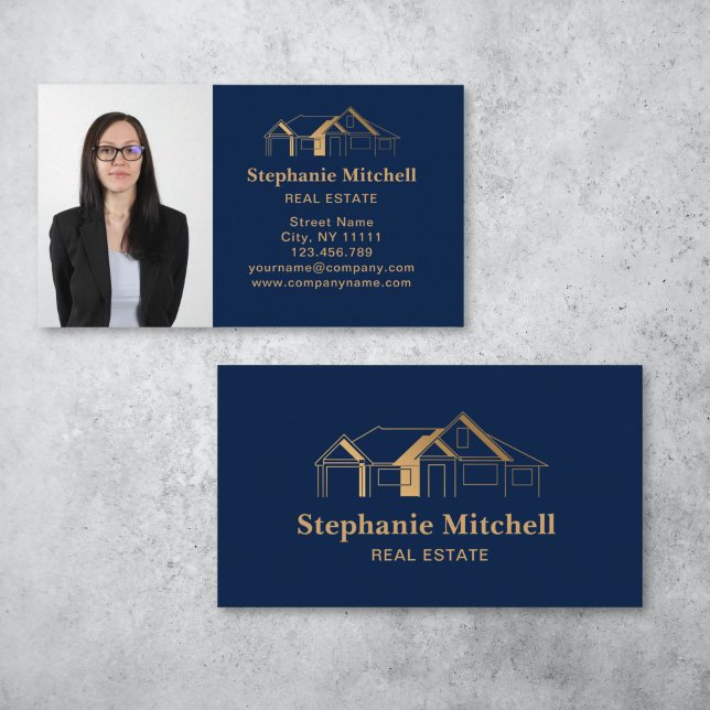 Professionell Photo Real Gods Realtor House Guld Visitkort (simple gold house on navy background real estate business card design)