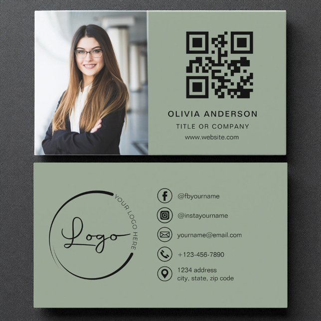 Professionell Photo Sage Grönt QR Code Social Medi Visitkort (Skapare uppladdad)