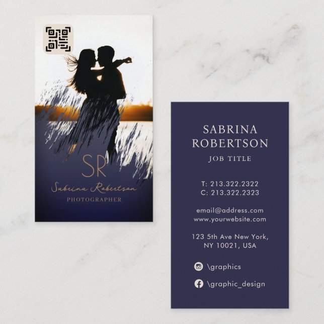 Professionell Photographer Navy Blue och Guld QR Visitkort (Fram/baksida)