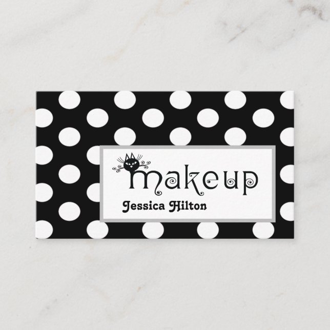 Professionell polka dots-kattmakeup-logotyp visitkort (Framsida)