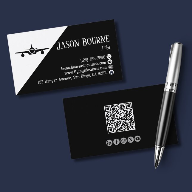 Professionell QR Code Aviation Employee Black Whit Visitkort (Skapare uppladdad)