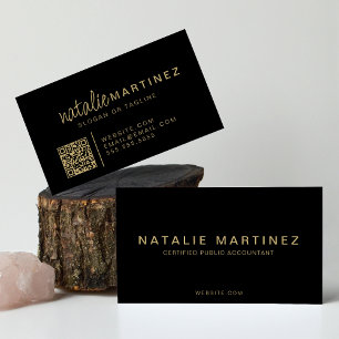 Professionell QR-Elegant, svartvitt och Guld-skrip Visitkort