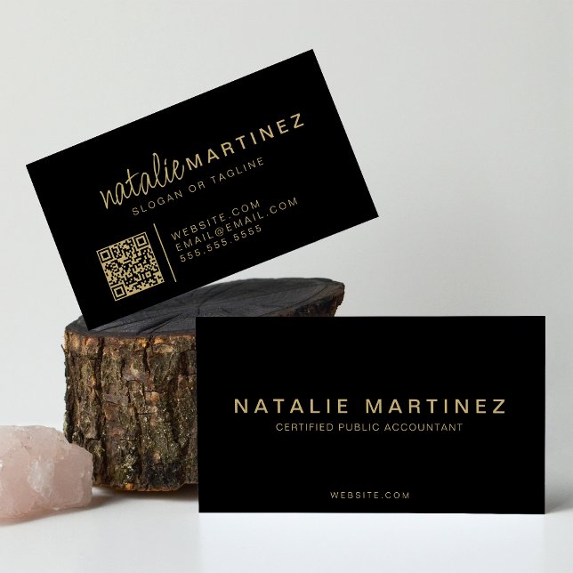 Professionell QR-Elegant, svartvitt och Guld-skrip Visitkort (Skapare uppladdad)