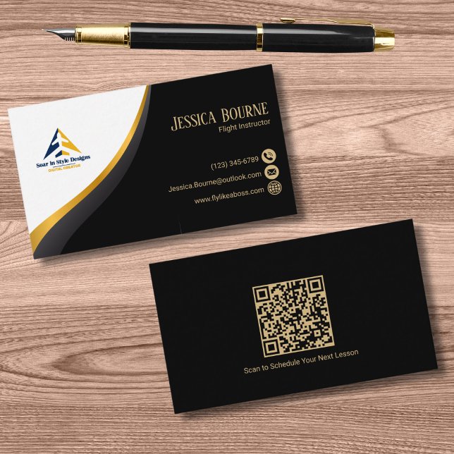 Professionell QR-kod Elegant Svart Guld Pilot Visitkort (Skapare uppladdad)