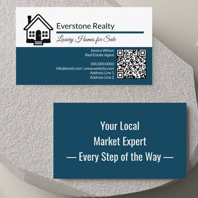 Professionell QR-kod för fastigheter  Visitkort (Modern real estate business card with home logo, QR code, custom details & catchy back hook design.)