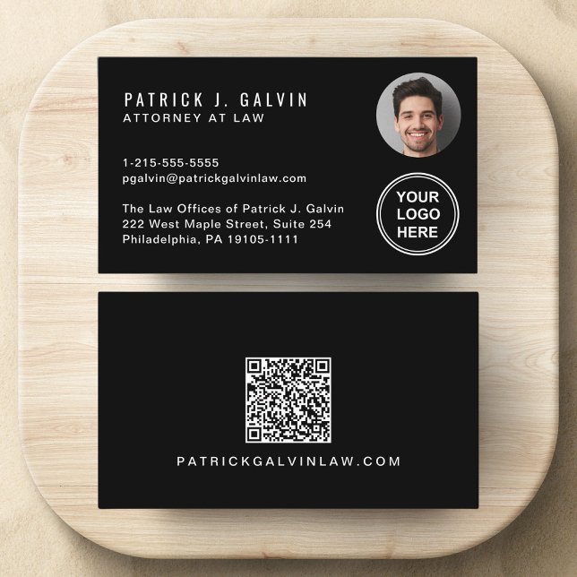Professionell QR-kod Foto Logotyp Svart Visitkort (Make a lasting impression with this modern business card featuring your photo, logo and QR code)