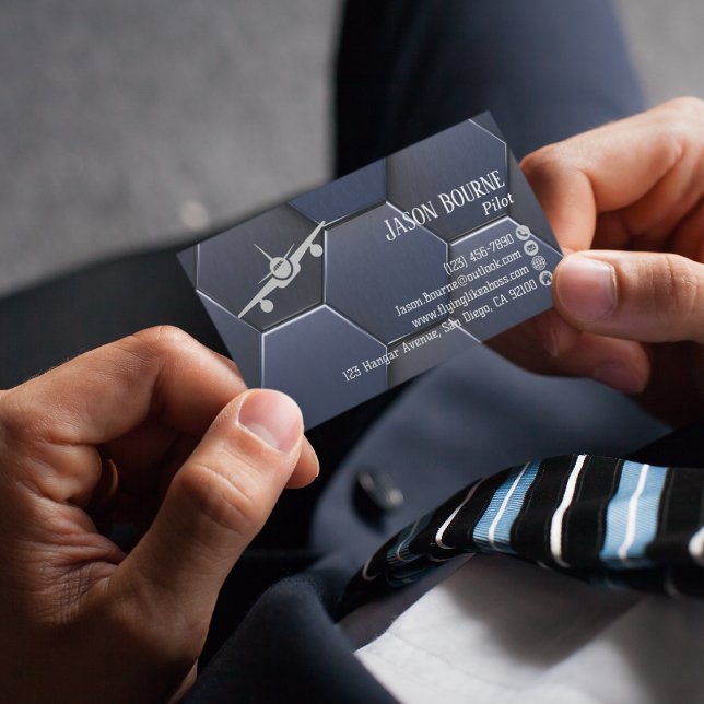 Professionell QR-kod, luftfart, Modern Blue Silver Visitkort (Skapare uppladdad)