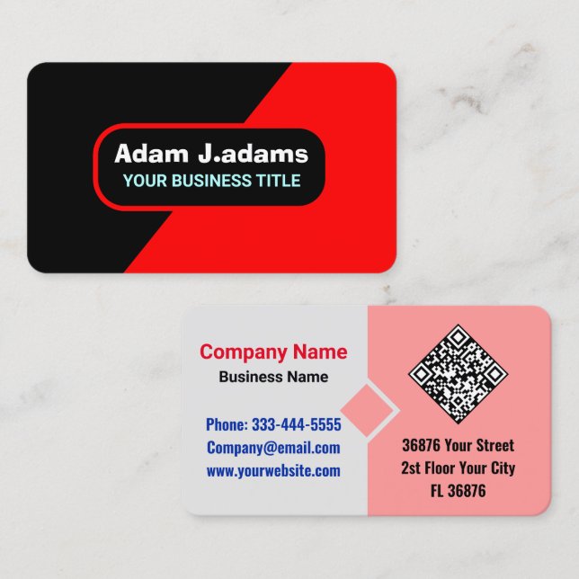 Professionell (QR-kod) Modern Bright Red & Black Visitkort (Fram/baksida)