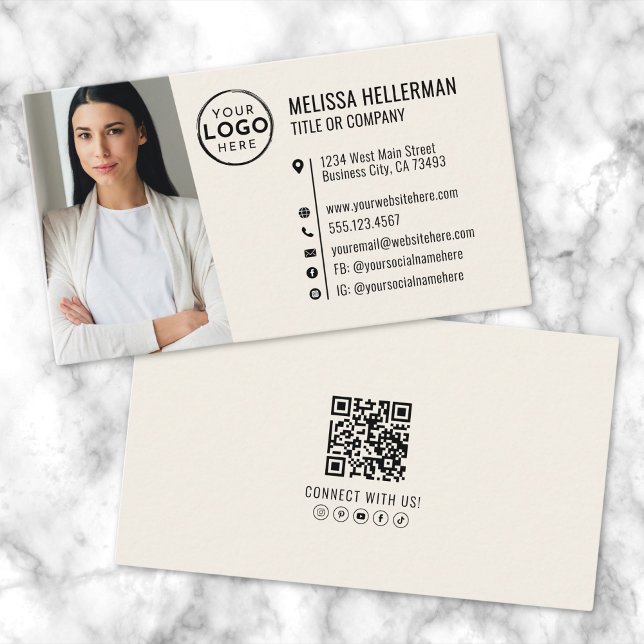 Professionell QR-kodfoto Logotypen Cream Visitkort (Professional QR Code Photo Your Logo Cream Business Card)
