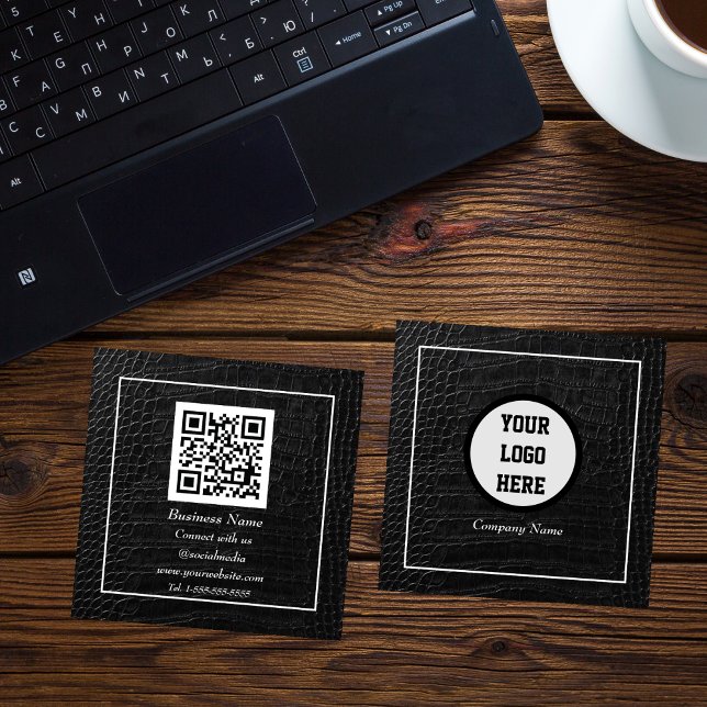 Professionell QR-kodskannerbart svart läder Fyrkantigt Visitkort (Skapare uppladdad)