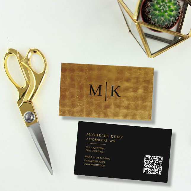 Professionell QR: Monogram Black Guld Visitkort (Skapare uppladdad)