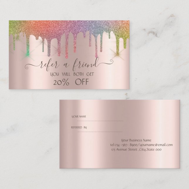 Professionell Rainbow Glitter Drip Ro Guld Rabattkort (Fram/baksida)