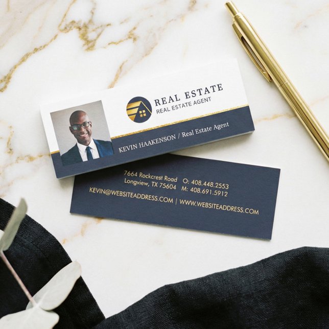 Professionell Real Gods | Fotolayout Mini Visitkort (Navy Gold Home Logo Elegant Real Estate Agent Mini Business Card)
