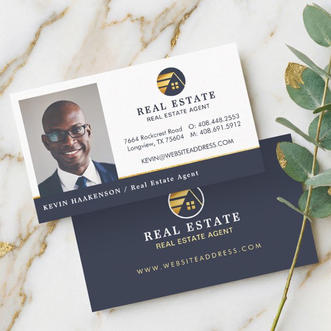 Professionell Real Gods | Vågrät Fotolayout Visitkort (Navy Gold Professional Real Estate Agent Photo Business Card)
