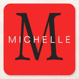 Professionell Red Black Monogram ditt namn Underlägg Papper Kvadrat