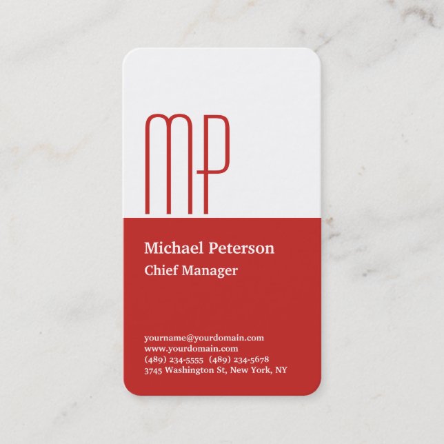 Professionell Red White Plain Monogram Modern Visitkort (Framsida)