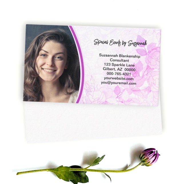 Professionell rosa blommig bakgrund Anpassad foto  Visitkort (floral and custom photo front with white back business card design)