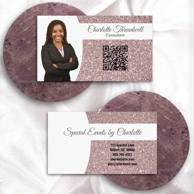 Professionell Rosa Guld Glitter Anpassad Foto QR Visitkort (Skapare uppladdad)