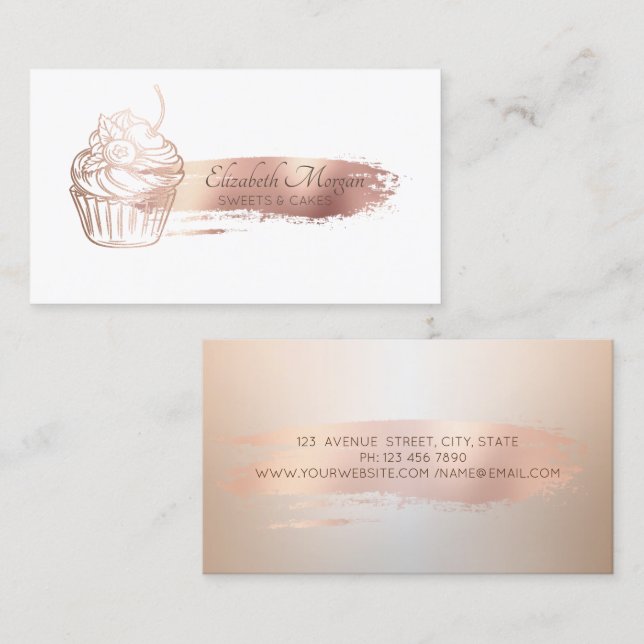 Professionell Rosa Guld Penseldrag Cupcake Bageri Visitkort (Fram/baksida)